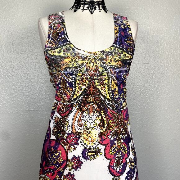 Vtg Y2K Bedazzled Rhinestone Lace Back Paisley Summer Mini Dress Mcbling Fairy - Picture 6 of 16